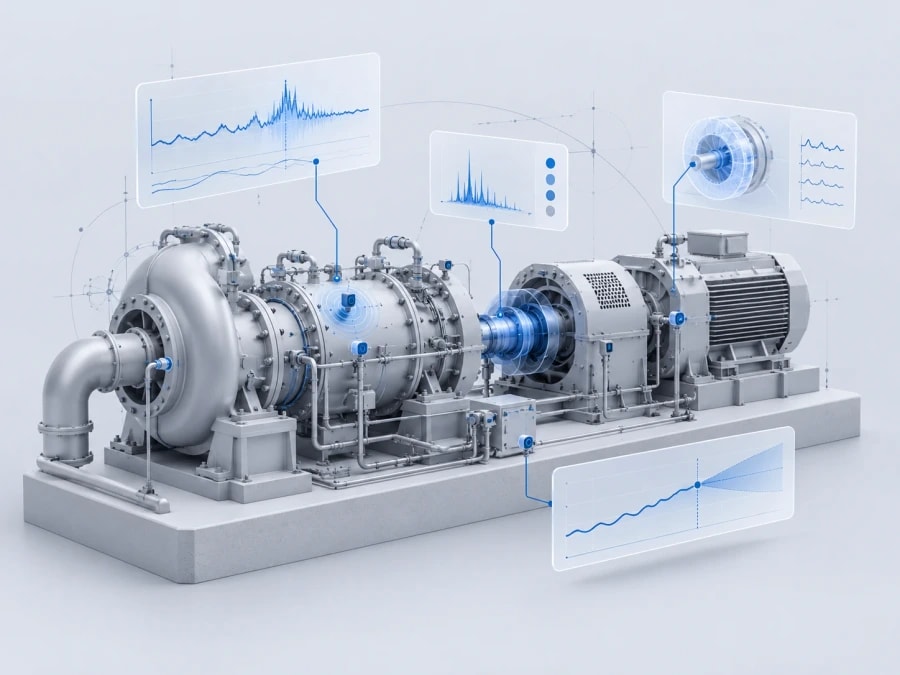 3D illustration of a pump, compressor and motor train with vibration and trend charts linked to its sensors
