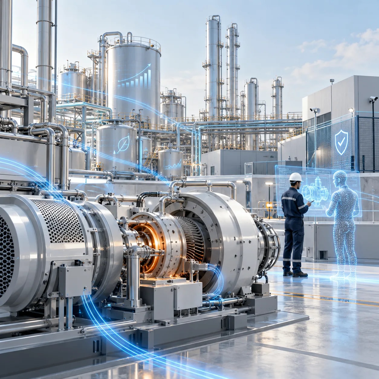 Industrial plant with connected turbomachinery, a safety shield and an engineer reviewing a digital twin of the equipment