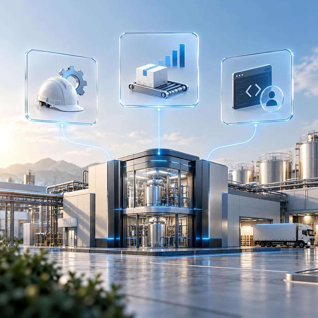 Modern production plant connected to icons for safety, throughput and software, representing AI put into production