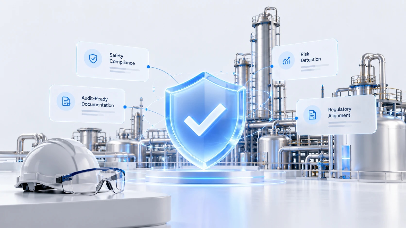 Shield with checkmark over an industrial plant, representing safety compliance, risk detection and audit-ready OT