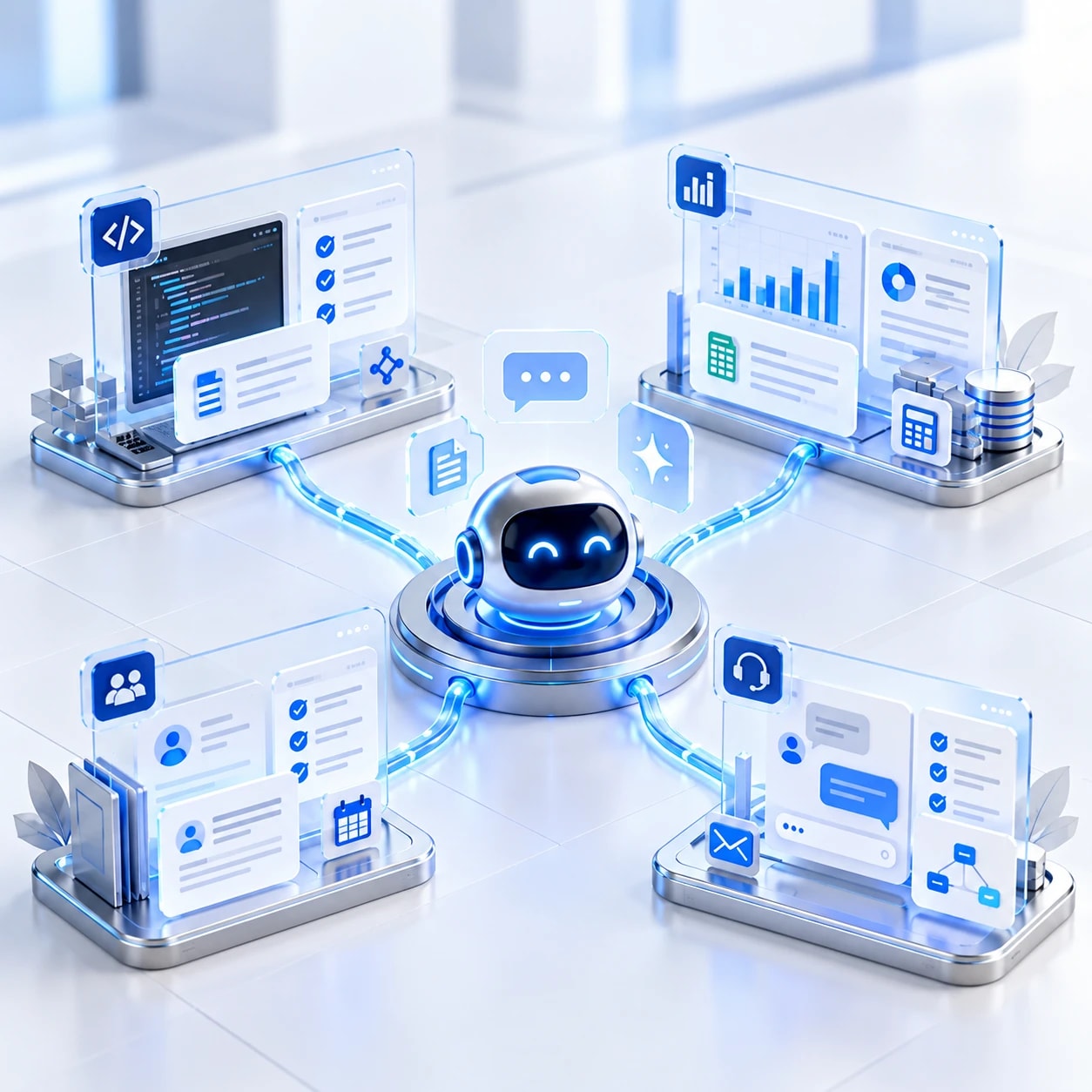 Glowing AI assistant at the centre of four panels for chat, documents, workflows and analytics, linked to business tools