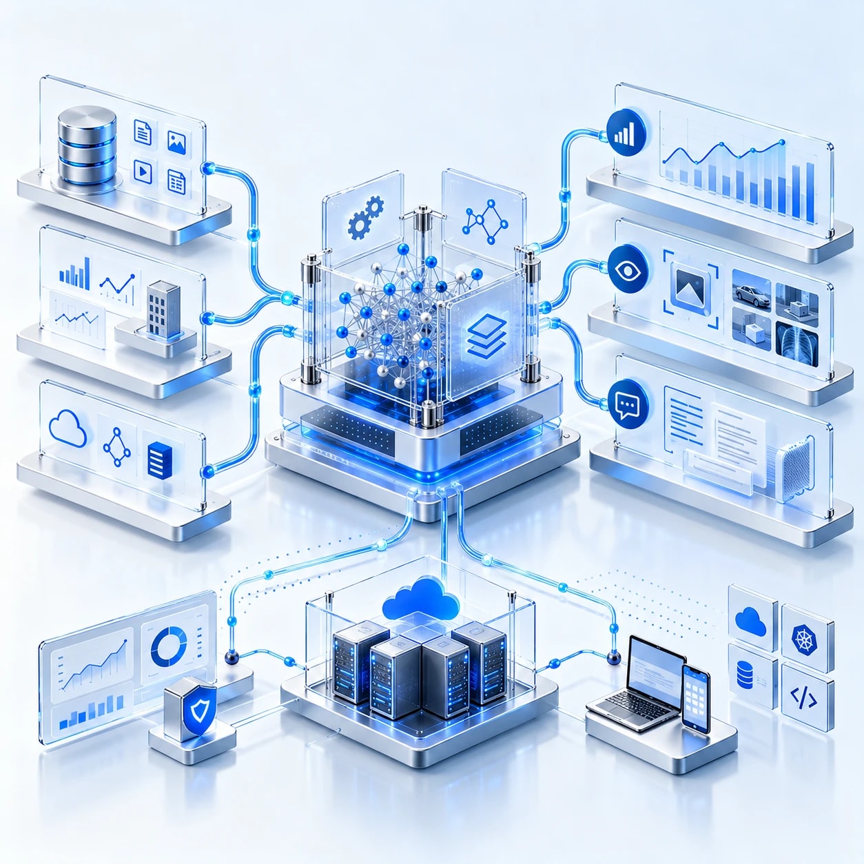 Diagram of an AI model core fed by data sources and connected to analytics, computer-vision and language outputs, with cloud servers, security and developer tools below