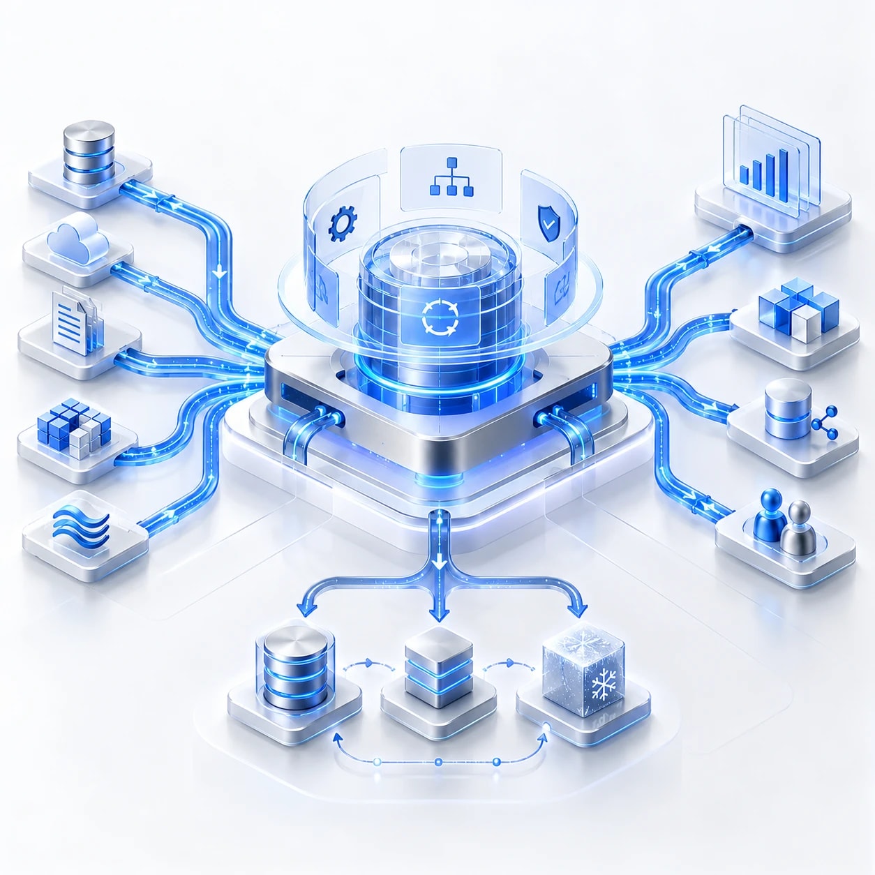 Governed data platform with data sources on the left, a central platform with processing and security panels, and analytics outputs and users on the right