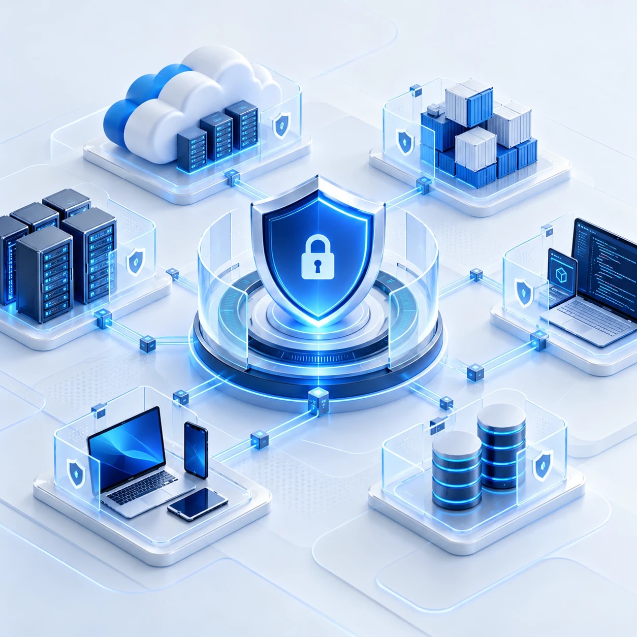 Shield with a padlock at the centre, connected to protected cloud servers, containers, databases, laptops and phones