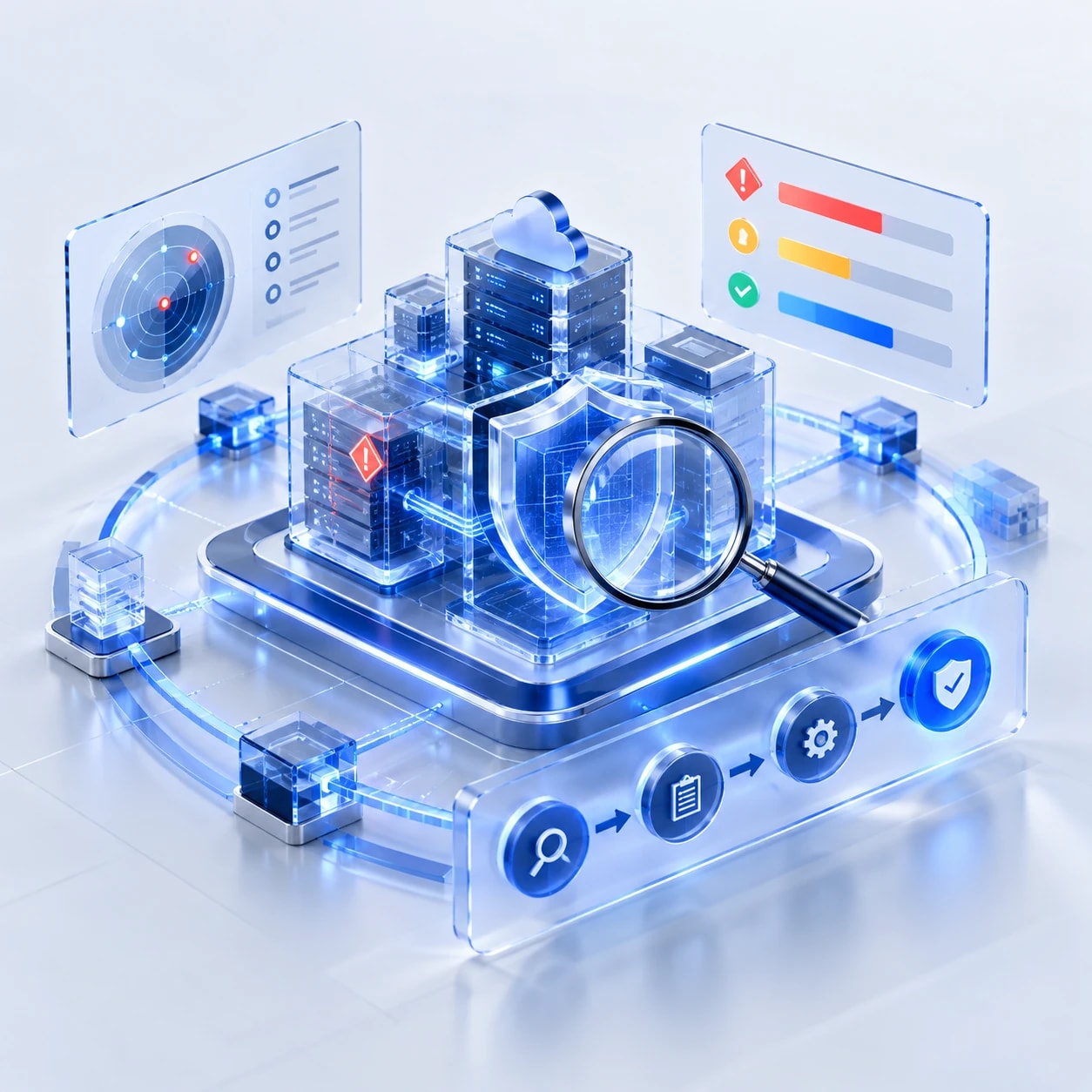 Server platform inside a glass cube with a shield and magnifying glass, beside a risk radar, alert severity bars and an assess, document, remediate, secure flow