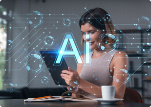shows a lady on a laptop with AI written in the background