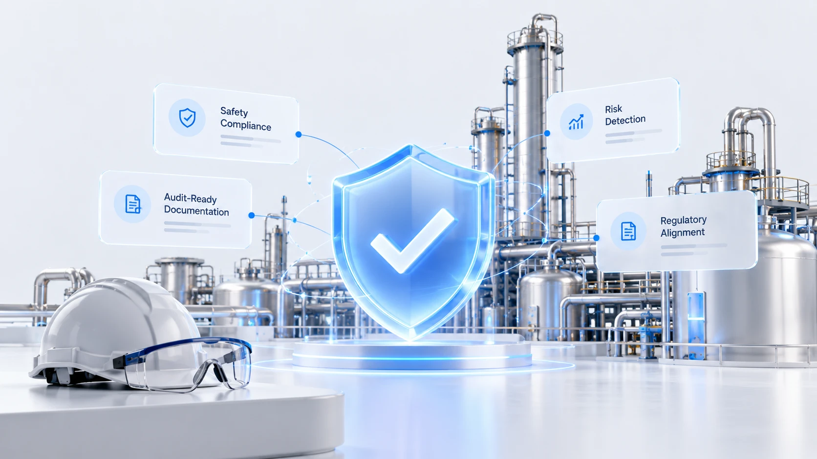 Shield with checkmark over an industrial plant, representing safety compliance, risk detection and audit-ready OT