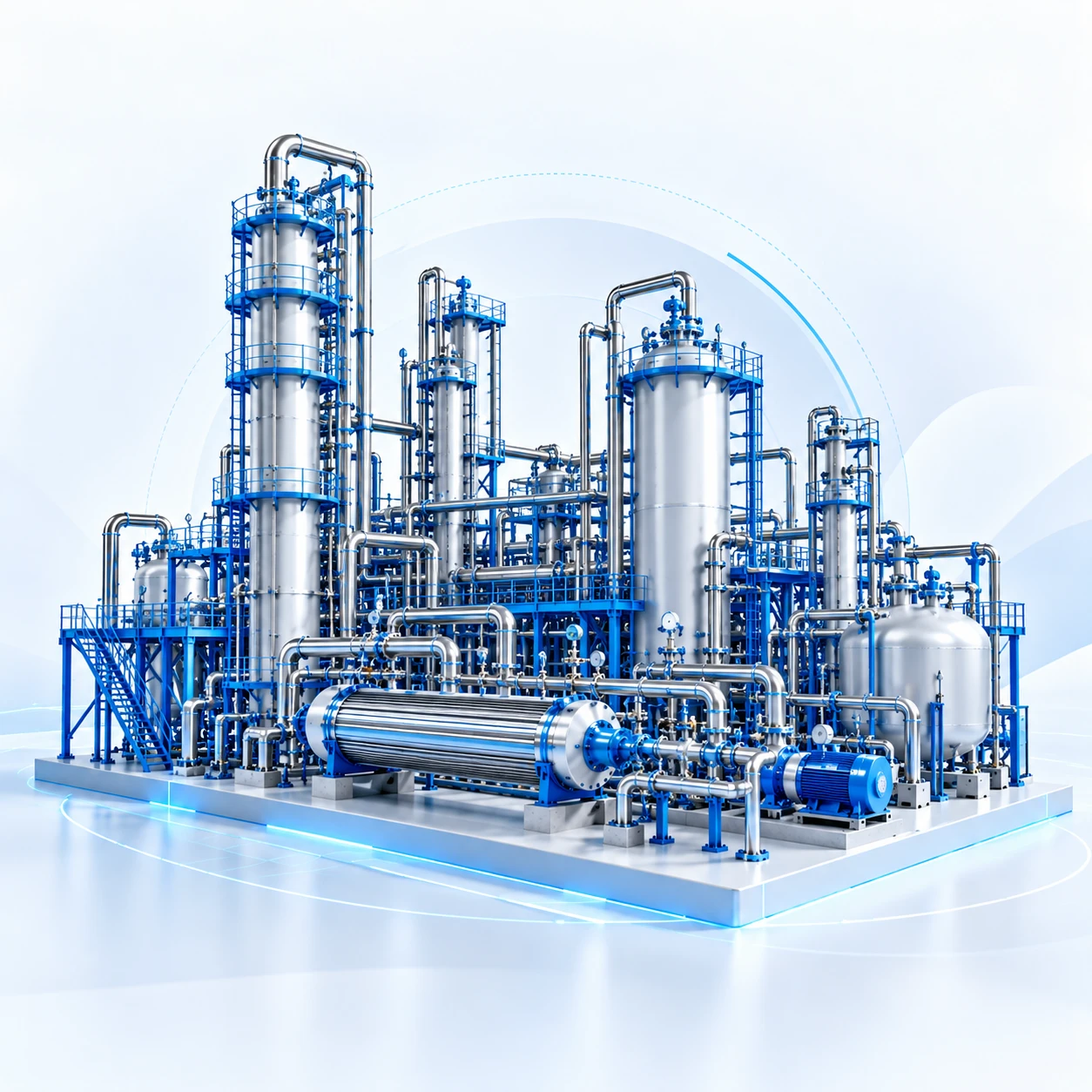 Chemical processing plant with distillation columns, heat exchanger and vessels