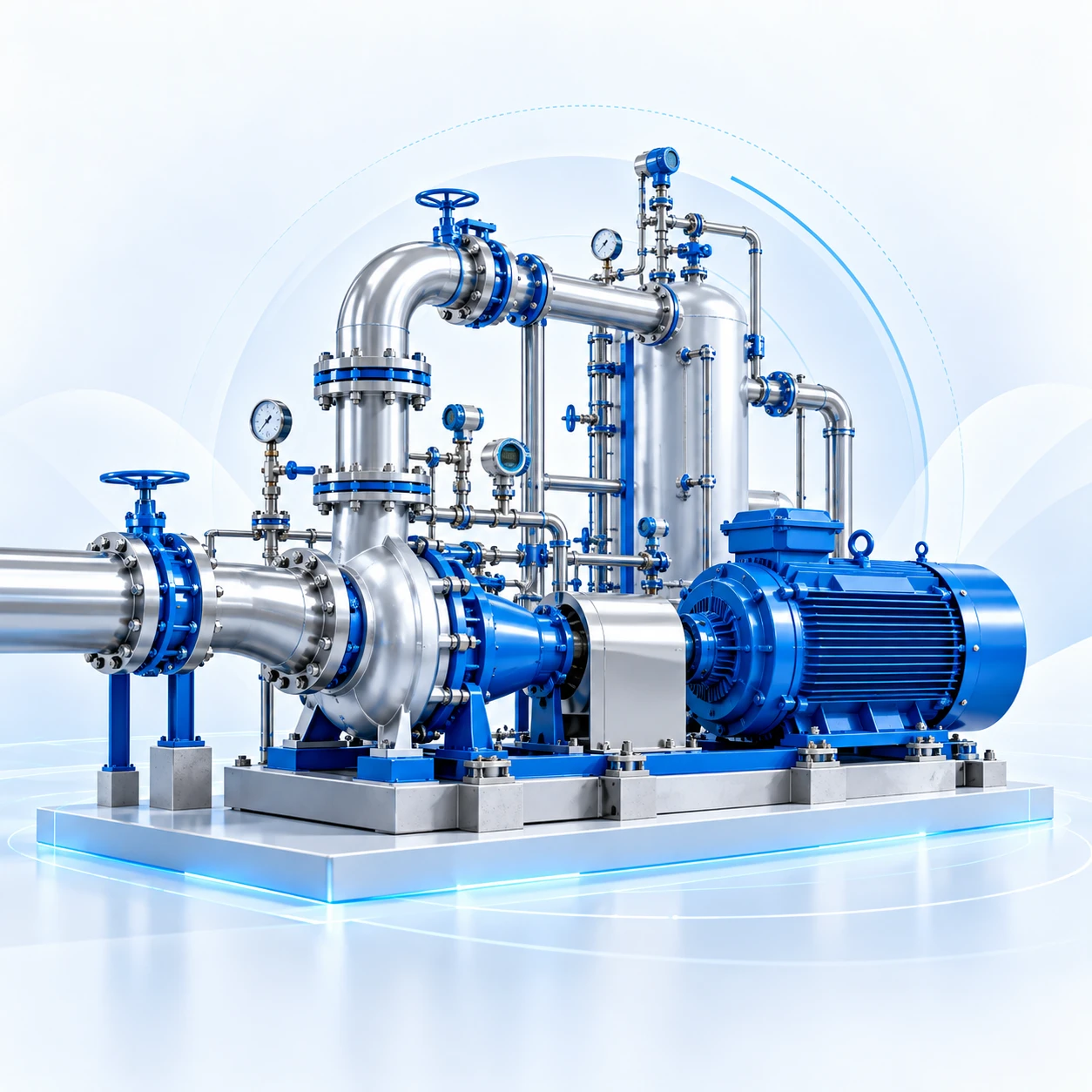 Centrifugal pump and electric motor with instrumented stainless steel piping